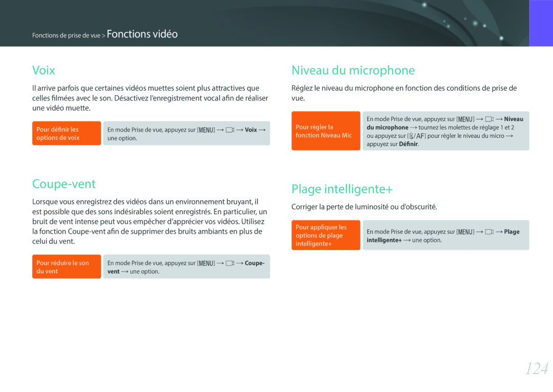 Samsung EV-NX500ZBMHFR, EV-NX500ZBMIFR manual 124, Voix, Niveau du microphone, Coupe-vent, Plage intelligente+ 