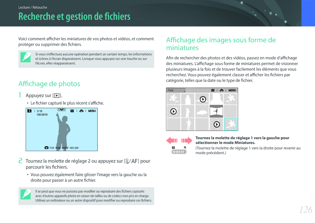 Samsung EV-NX500ZBMHFR manual 126, Affichage de photos, Affichage des images sous forme de miniatures, Appuyez sur y 