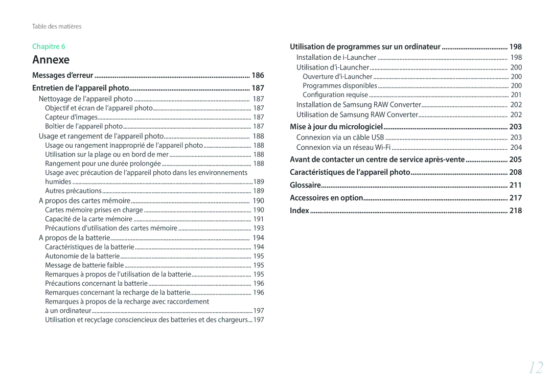 Samsung EV-NX500ZBMHFR, EV-NX500ZBMIFR manual 186, 187, 198, 203, 205, 208, 211, 217, 218 