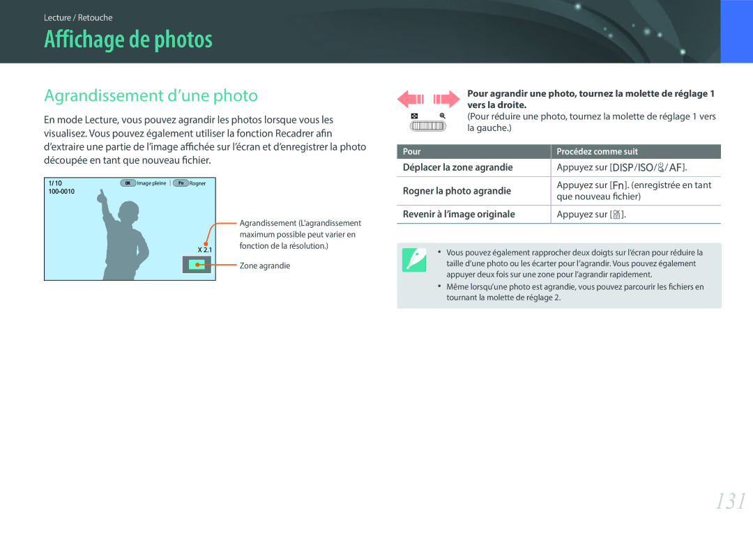 Samsung EV-NX500ZBMIFR, EV-NX500ZBMHFR manual Affichage de photos, 131, Agrandissement d’une photo 