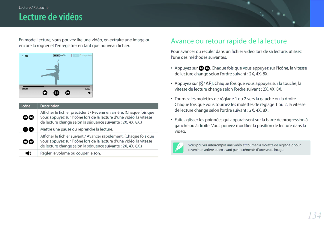 Samsung EV-NX500ZBMHFR, EV-NX500ZBMIFR manual Lecture de vidéos, 134, Avance ou retour rapide de la lecture 