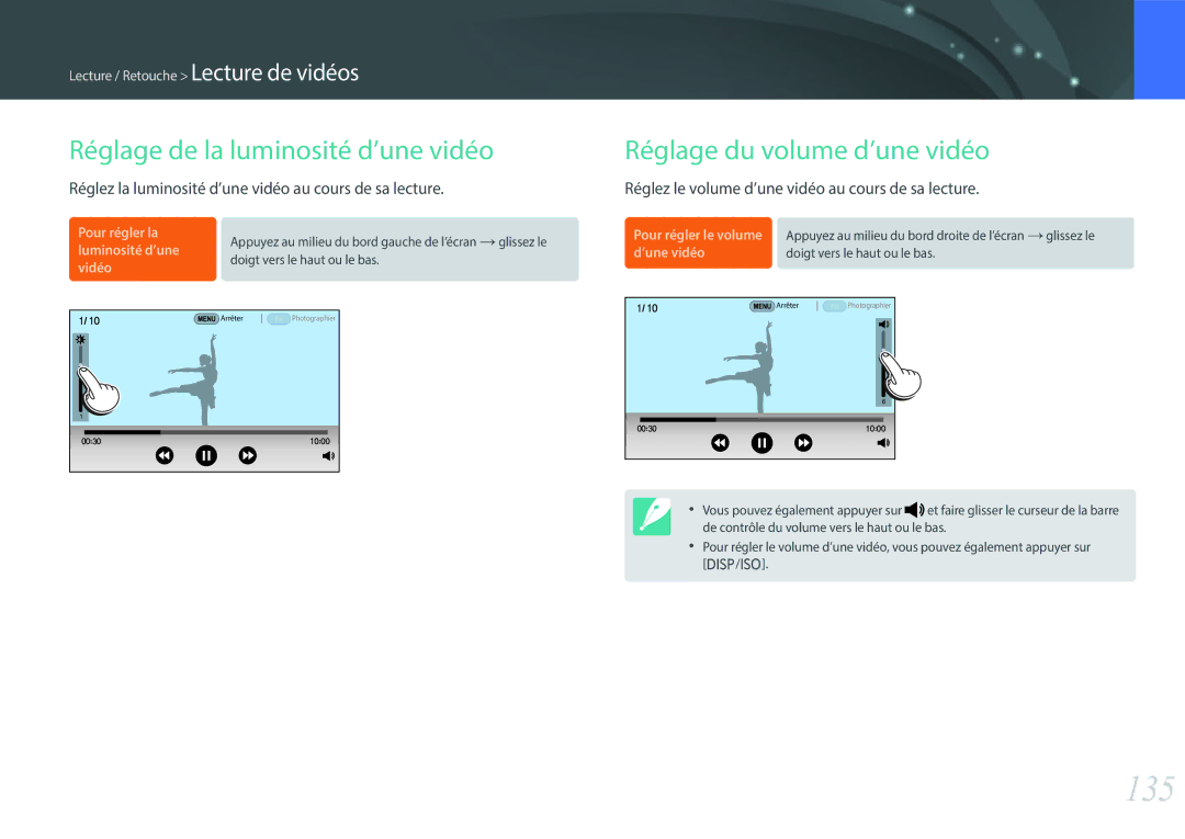 Samsung EV-NX500ZBMIFR, EV-NX500ZBMHFR manual 135, Réglage de la luminosité d’une vidéo, Réglage du volume d’une vidéo 