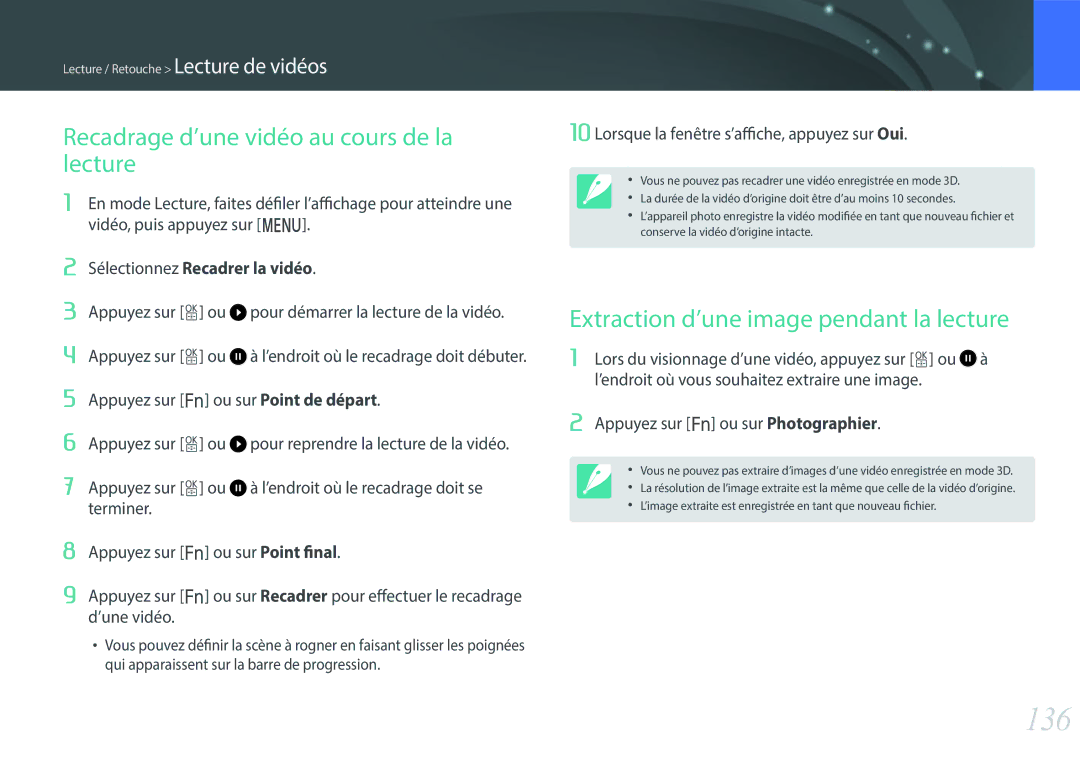 Samsung EV-NX500ZBMHFR manual 136, Recadrage d’une vidéo au cours de la lecture, Extraction d’une image pendant la lecture 