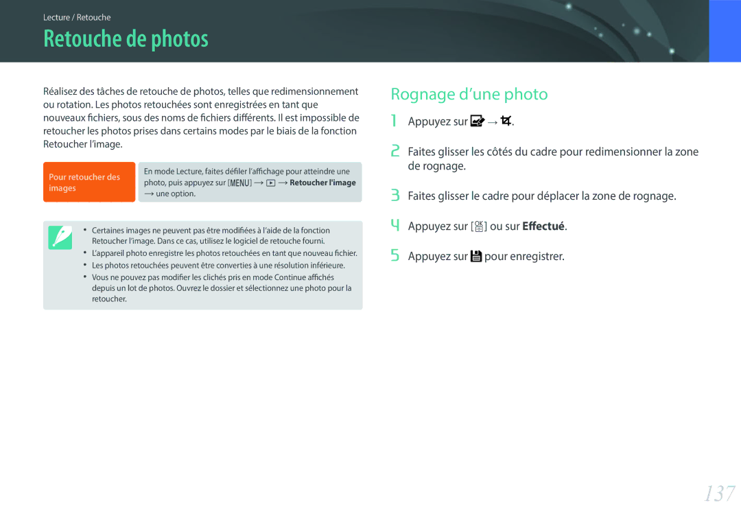 Samsung EV-NX500ZBMIFR, EV-NX500ZBMHFR manual Retouche de photos, 137, Rognage d’une photo 