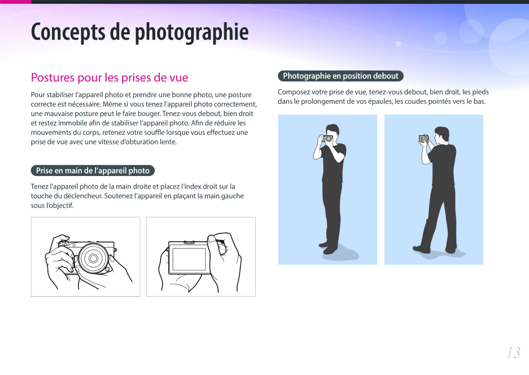Samsung EV-NX500ZBMIFR, EV-NX500ZBMHFR manual Prise en main de l’appareil photo, Photographie en position debout 