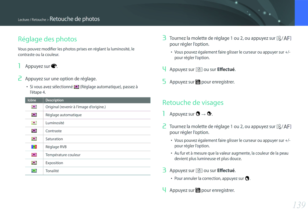 Samsung EV-NX500ZBMIFR, EV-NX500ZBMHFR manual 139, Appuyez sur Appuyez sur une option de réglage 