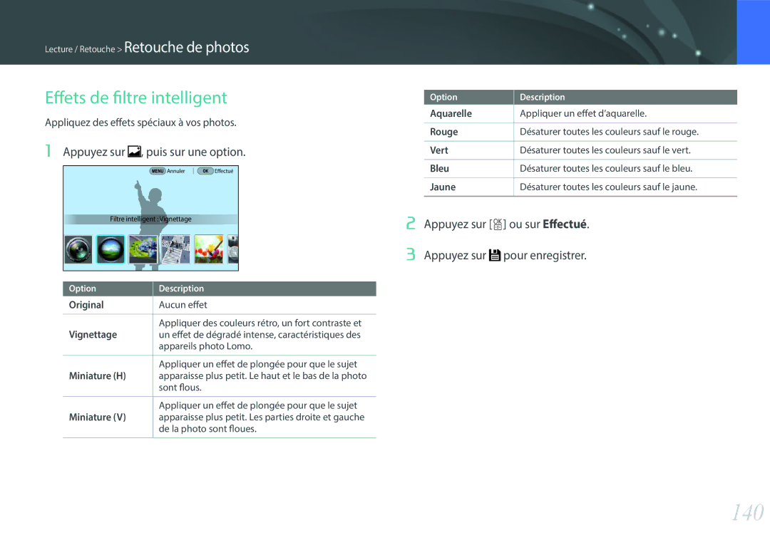 Samsung EV-NX500ZBMHFR, EV-NX500ZBMIFR manual 140, Effets de filtre intelligent, Appuyez sur , puis sur une option, Original 
