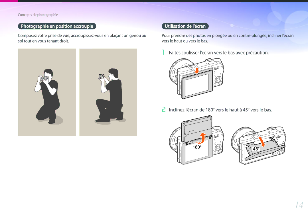 Samsung EV-NX500ZBMHFR, EV-NX500ZBMIFR manual Photographie en position accroupie, Utilisation de l’écran 