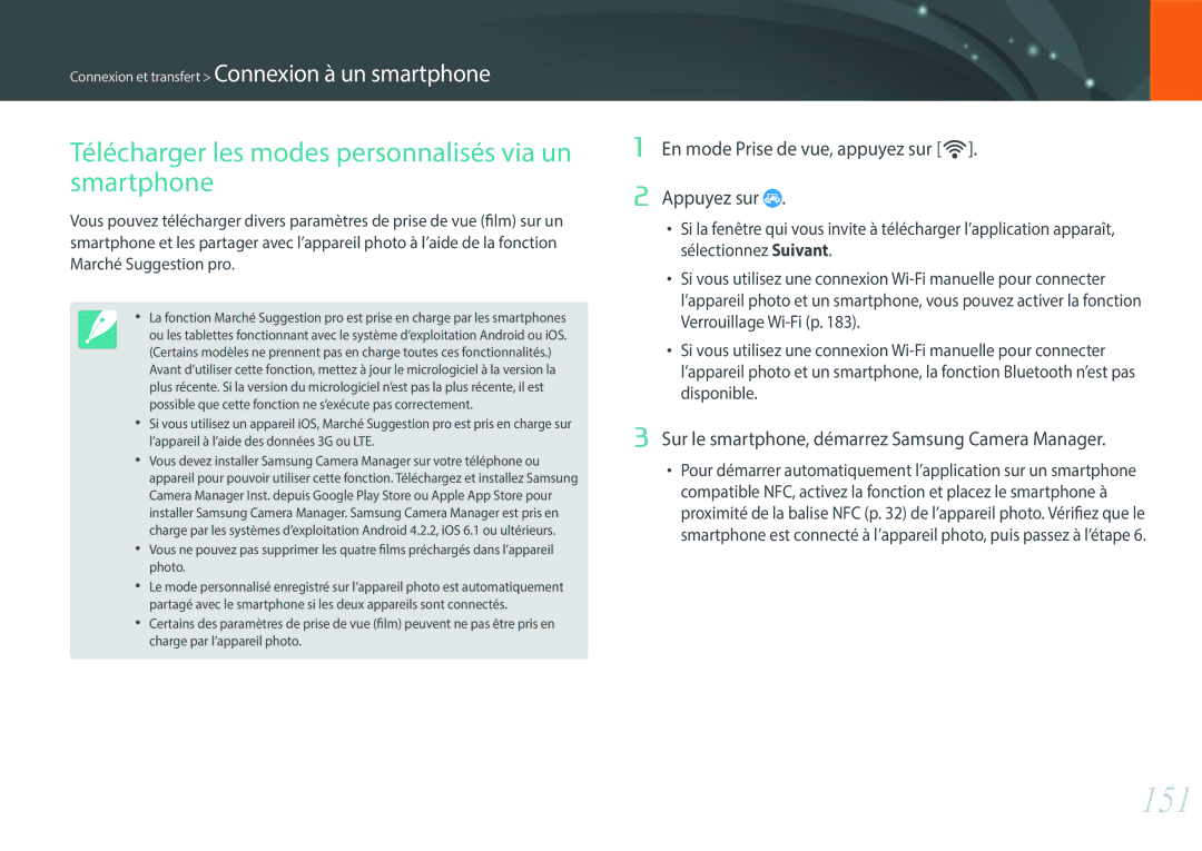 Samsung EV-NX500ZBMIFR, EV-NX500ZBMHFR manual 151, Télécharger les modes personnalisés via un smartphone 