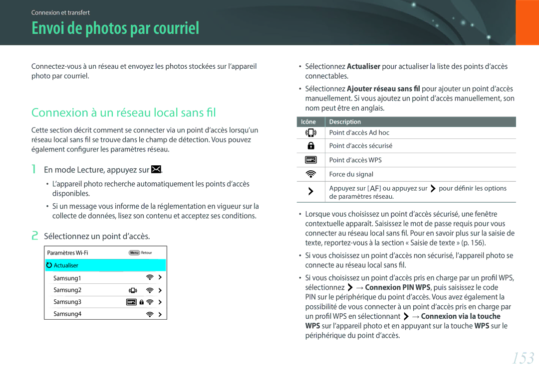 Samsung EV-NX500ZBMIFR, EV-NX500ZBMHFR manual Envoi de photos par courriel, 153, Connexion à un réseau local sans fil 