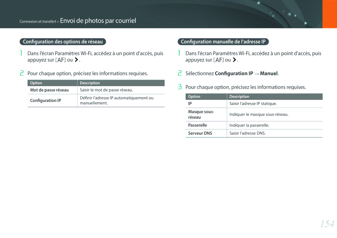 Samsung EV-NX500ZBMHFR 154, Configuration des options de réseau, Configuration manuelle de l’adresse IP, Appuyez sur F ou 