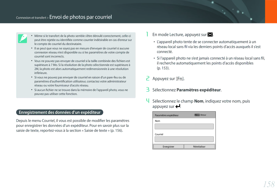 Samsung EV-NX500ZBMHFR, EV-NX500ZBMIFR manual 158, Enregistrement des données d’un expéditeur, Appuyez sur f 