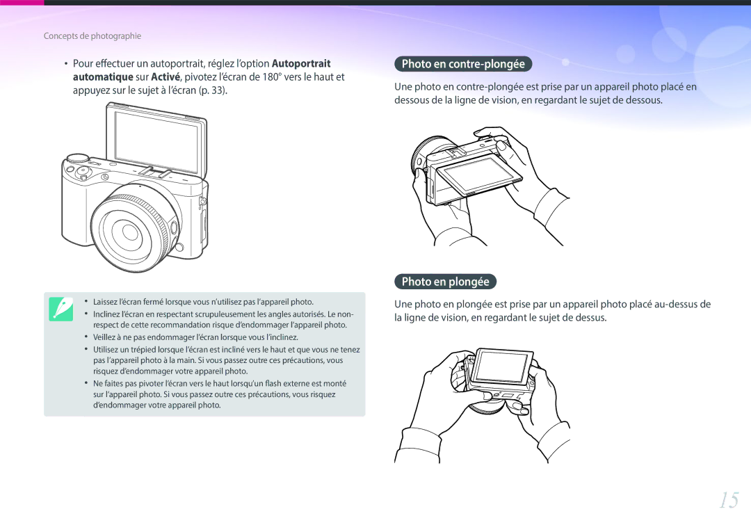 Samsung EV-NX500ZBMIFR, EV-NX500ZBMHFR manual Photo en contre-plongée, Photo en plongée 