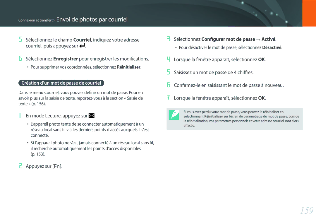 Samsung EV-NX500ZBMIFR, EV-NX500ZBMHFR manual 159, Création d’un mot de passe de courriel 