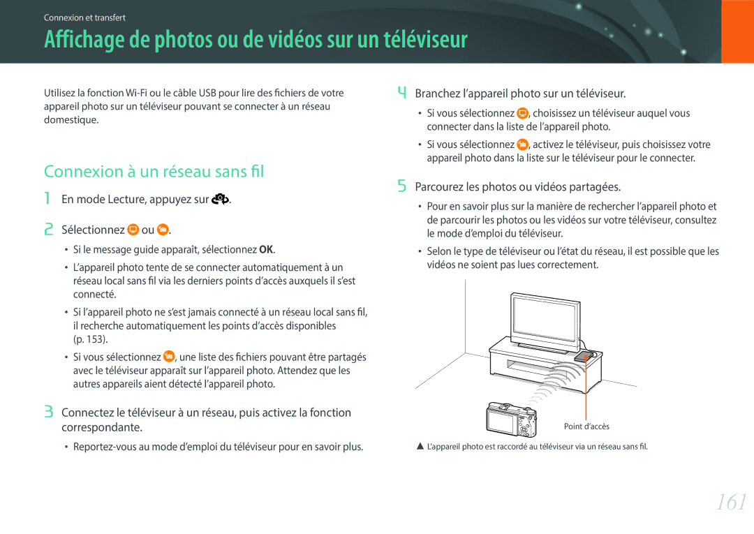 Samsung EV-NX500ZBMIFR manual Affichage de photos ou de vidéos sur un téléviseur, 161, Connexion à un réseau sans fil 