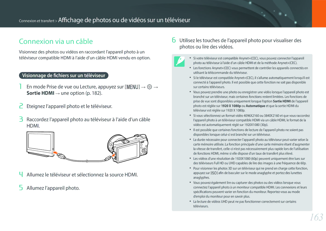 Samsung EV-NX500ZBMIFR, EV-NX500ZBMHFR manual 163, Connexion via un câble, Visionnage de fichiers sur un téléviseur 