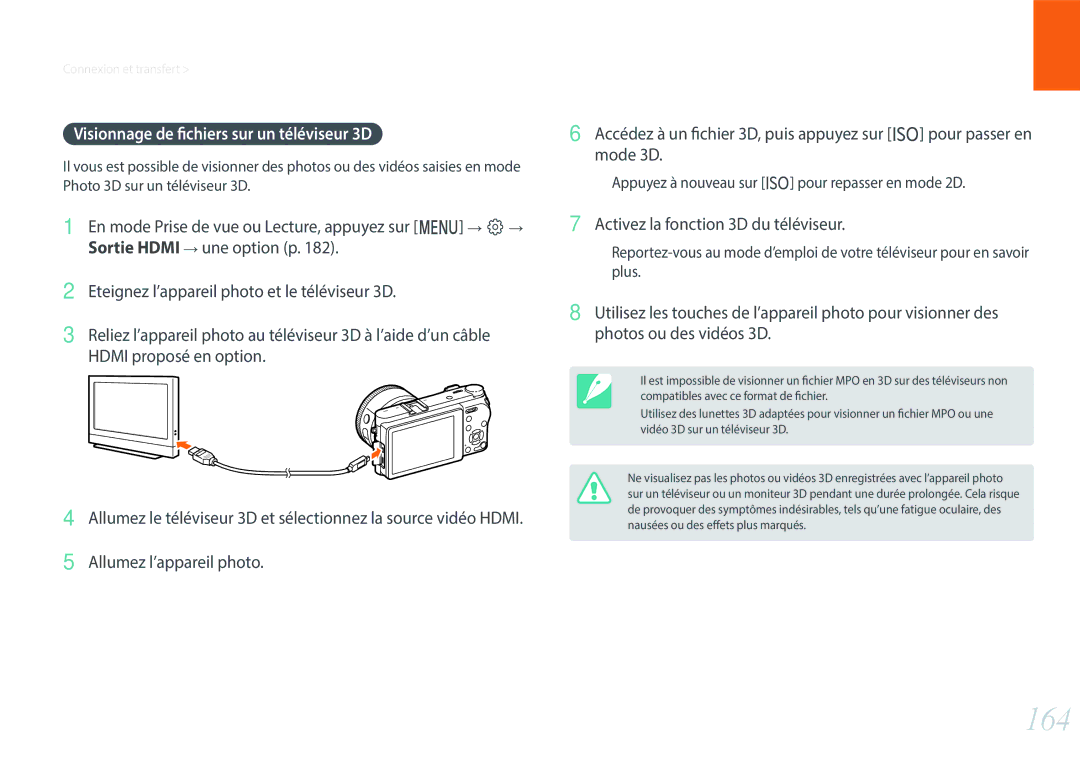 Samsung EV-NX500ZBMHFR manual 164, Visionnage de fichiers sur un téléviseur 3D, Activez la fonction 3D du téléviseur 