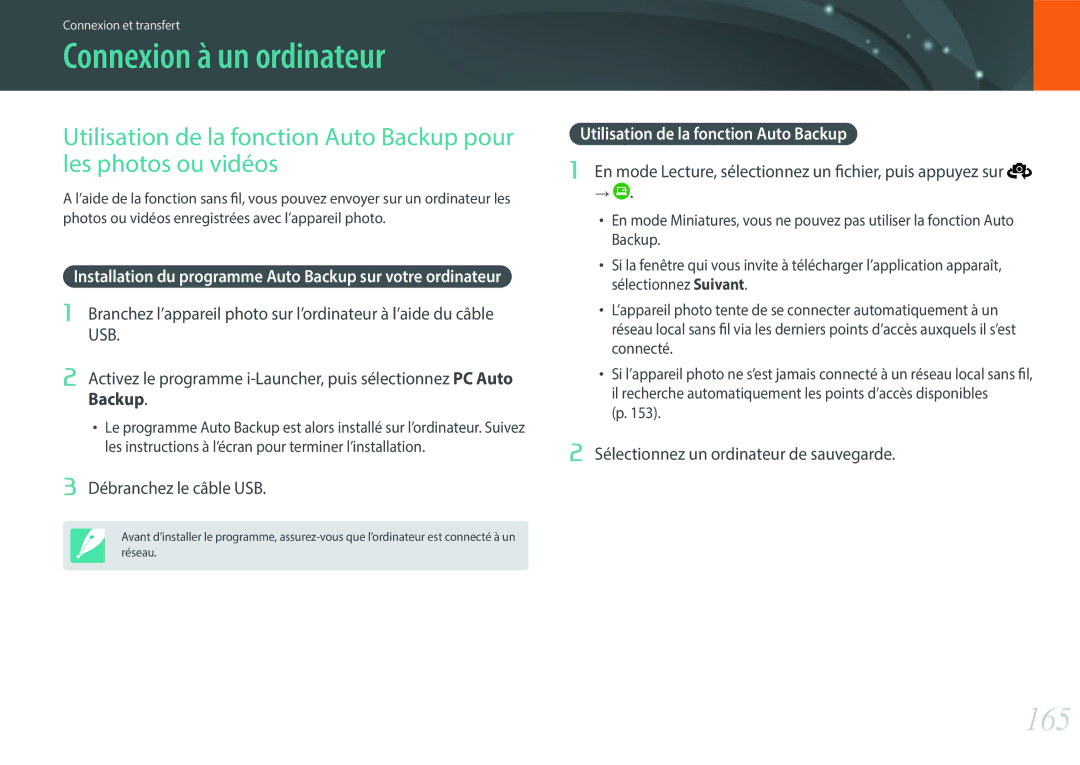 Samsung EV-NX500ZBMIFR, EV-NX500ZBMHFR manual Connexion à un ordinateur, 165, Utilisation de la fonction Auto Backup 