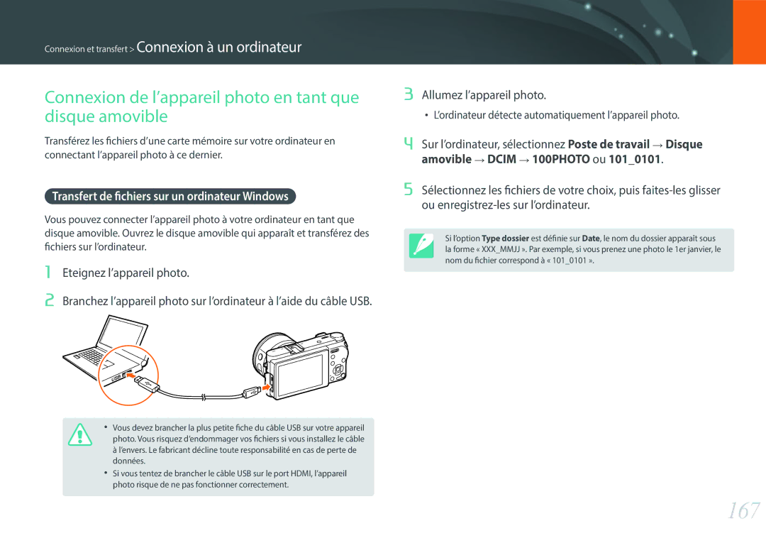 Samsung EV-NX500ZBMIFR manual 167, Connexion de l’appareil photo en tant que disque amovible, Eteignez l’appareil photo 