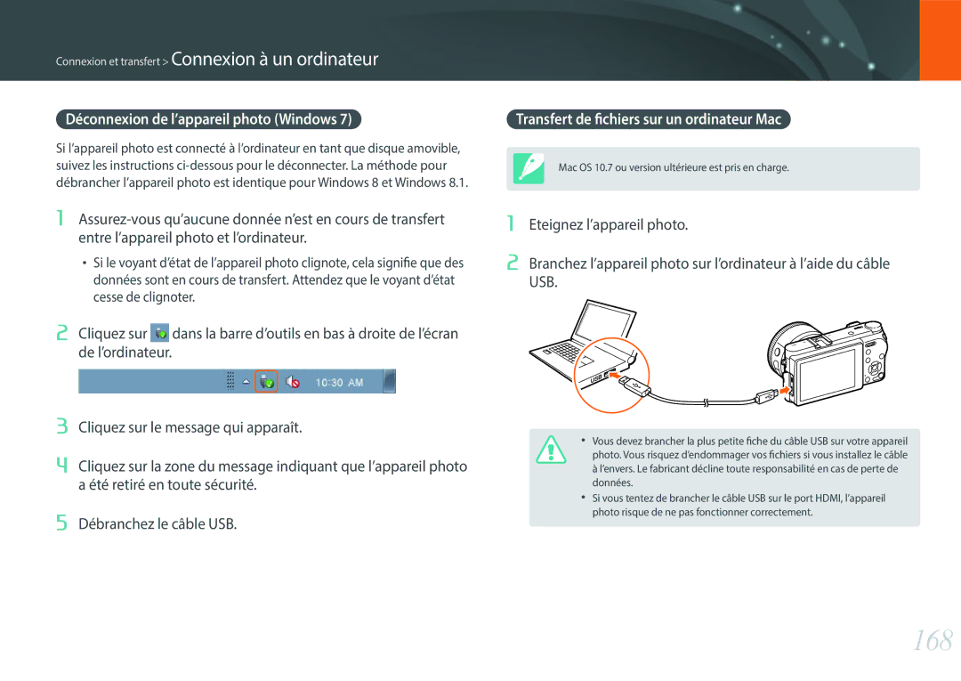 Samsung EV-NX500ZBMHFR manual 168, Déconnexion de l’appareil photo Windows, Transfert de fichiers sur un ordinateur Mac 