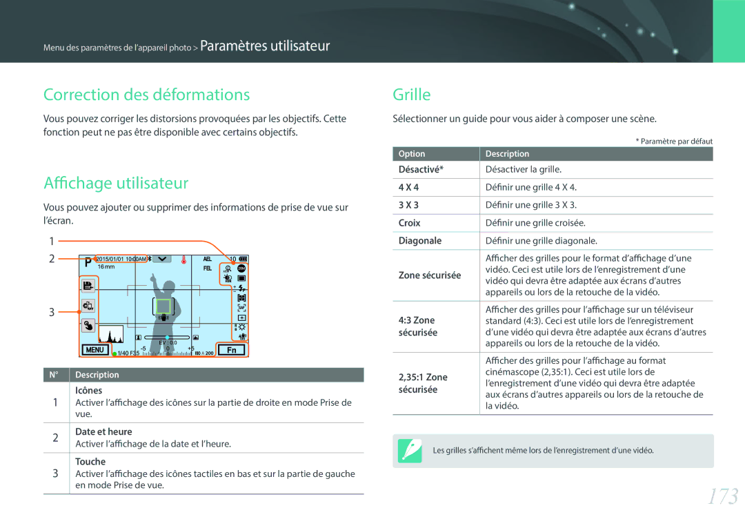 Samsung EV-NX500ZBMIFR, EV-NX500ZBMHFR manual 173, Correction des déformations, Affichage utilisateur, Grille 