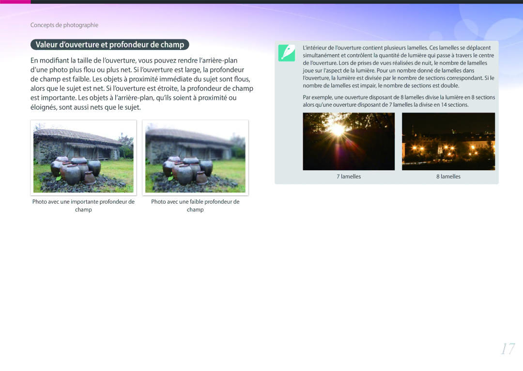 Samsung EV-NX500ZBMIFR, EV-NX500ZBMHFR manual Valeur d’ouverture et profondeur de champ, Champ 