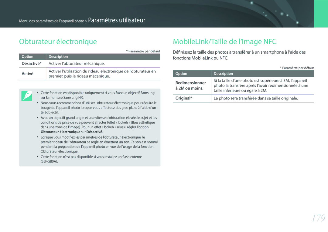 Samsung EV-NX500ZBMIFR, EV-NX500ZBMHFR manual 179, Obturateur électronique, MobileLink/Taille de l’image NFC 