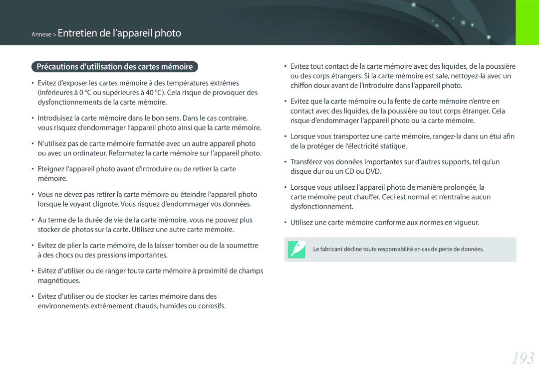 Samsung EV-NX500ZBMIFR, EV-NX500ZBMHFR manual 193, Précautions d’utilisation des cartes mémoire 