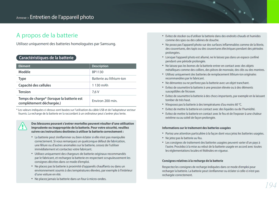 Samsung EV-NX500ZBMHFR, EV-NX500ZBMIFR manual 194, Propos de la batterie, Caractéristiques de la batterie 