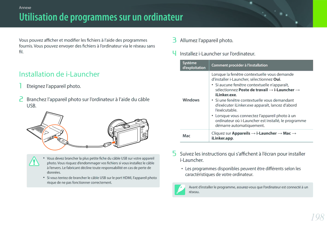 Samsung EV-NX500ZBMHFR, EV-NX500ZBMIFR manual Utilisation de programmes sur un ordinateur, 198, Installation de i-Launcher 