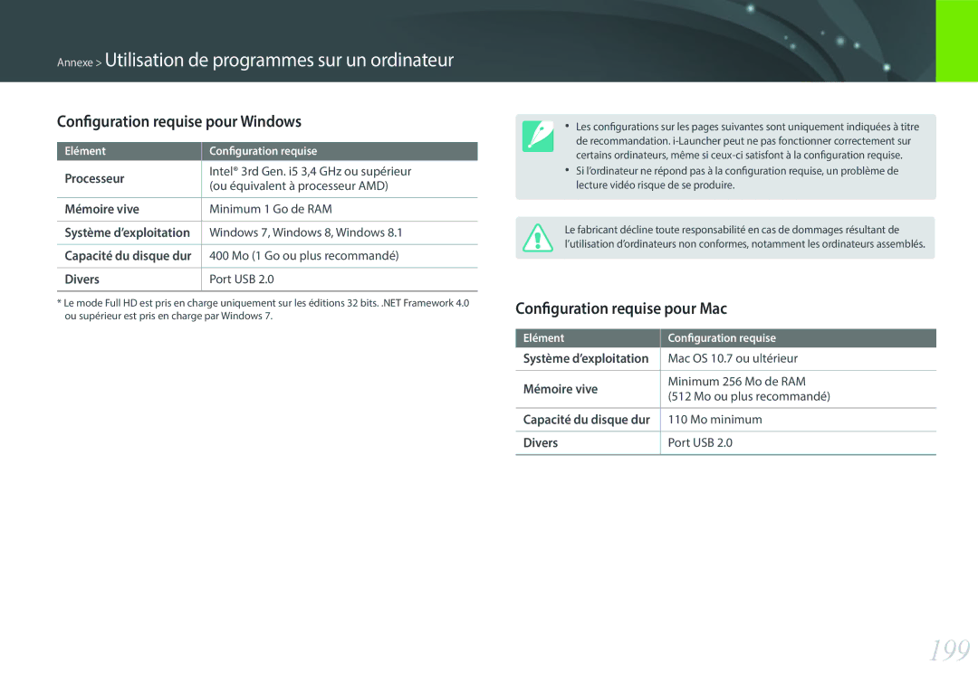 Samsung EV-NX500ZBMIFR, EV-NX500ZBMHFR manual 199, Configuration requise pour Windows, Configuration requise pour Mac 