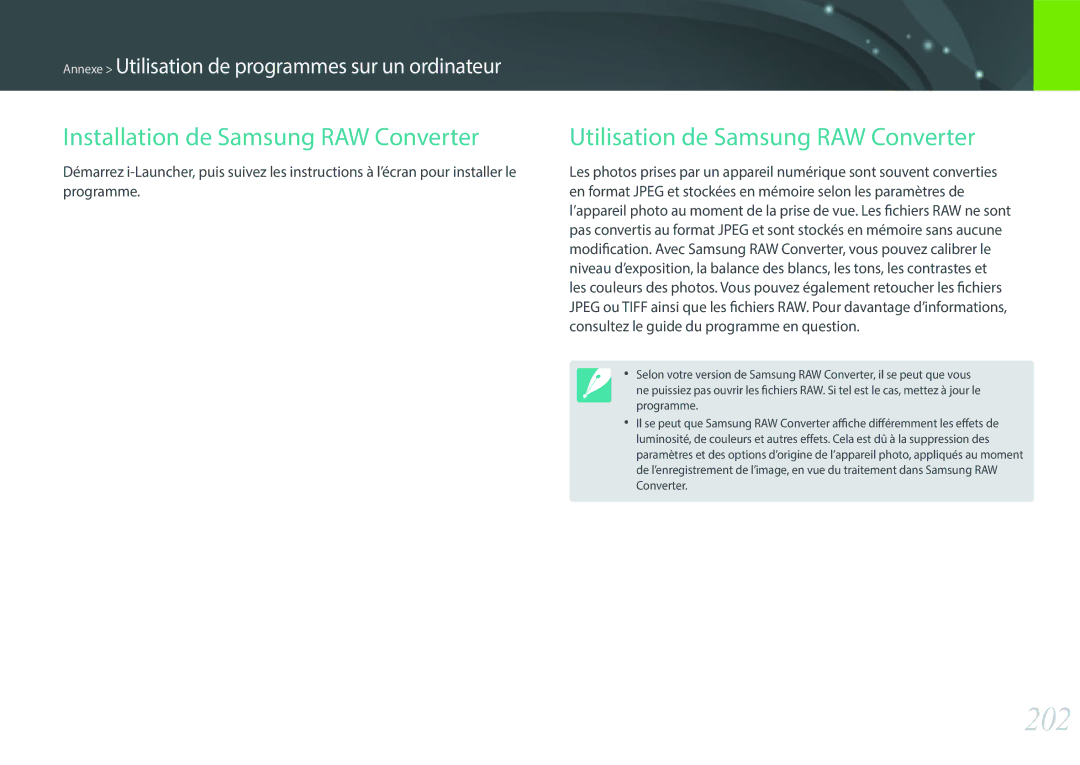 Samsung EV-NX500ZBMHFR, EV-NX500ZBMIFR manual 202, Consultez le guide du programme en question 