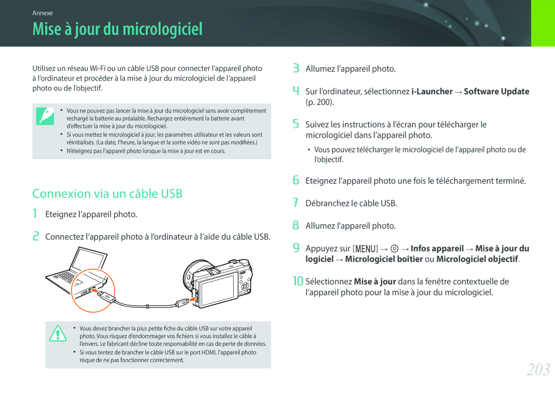 Samsung EV-NX500ZBMIFR, EV-NX500ZBMHFR manual Mise à jour du micrologiciel, 203, Connexion via un câble USB 