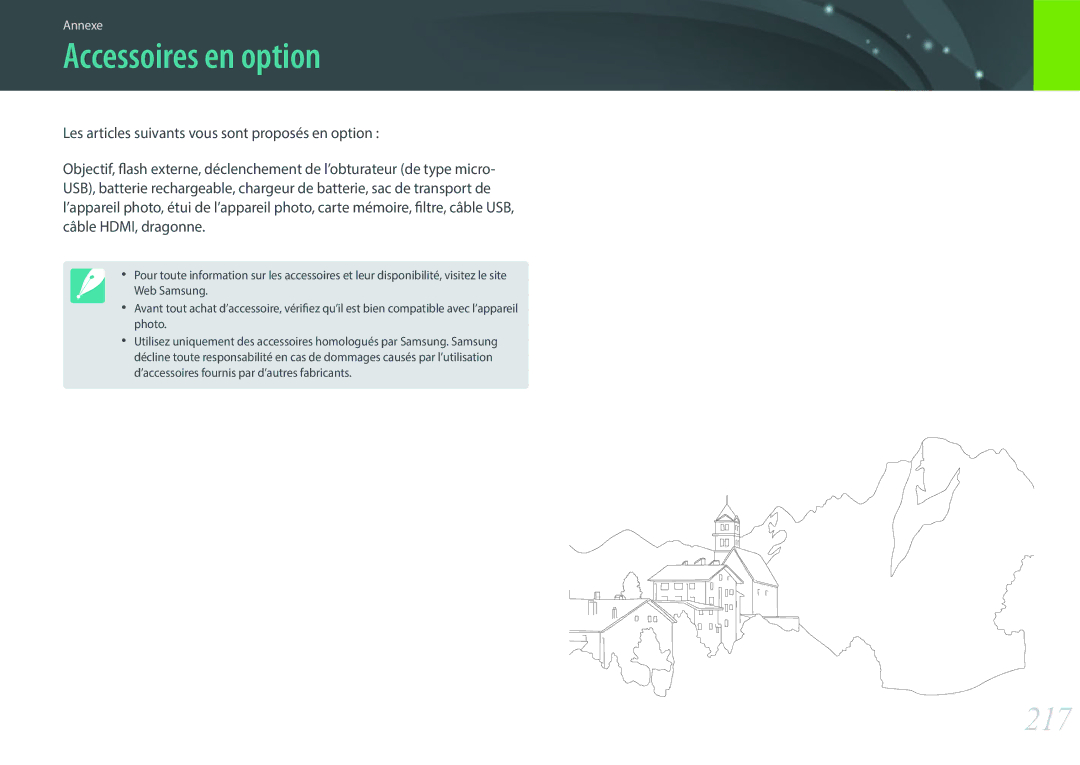 Samsung EV-NX500ZBMIFR, EV-NX500ZBMHFR manual Accessoires en option, 217 