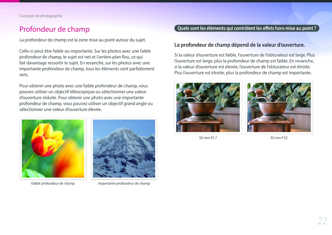 Samsung EV-NX500ZBMHFR, EV-NX500ZBMIFR manual Profondeur de champ, La profondeur de champ dépend de la valeur d’ouverture 
