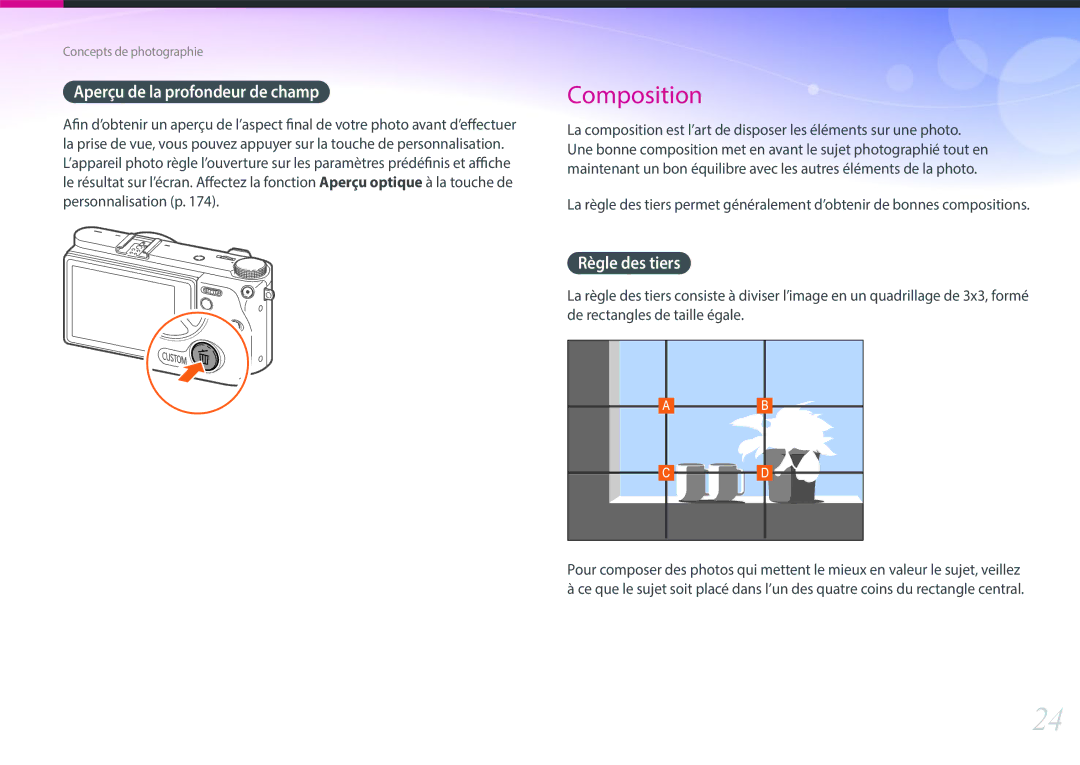 Samsung EV-NX500ZBMHFR, EV-NX500ZBMIFR manual Aperçu de la profondeur de champ, Règle des tiers 