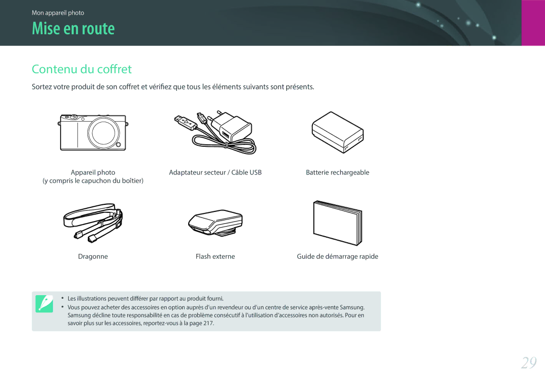 Samsung EV-NX500ZBMIFR manual Mise en route, Contenu du coffret, Adaptateur secteur / Câble USB, Dragonne Flash externe 