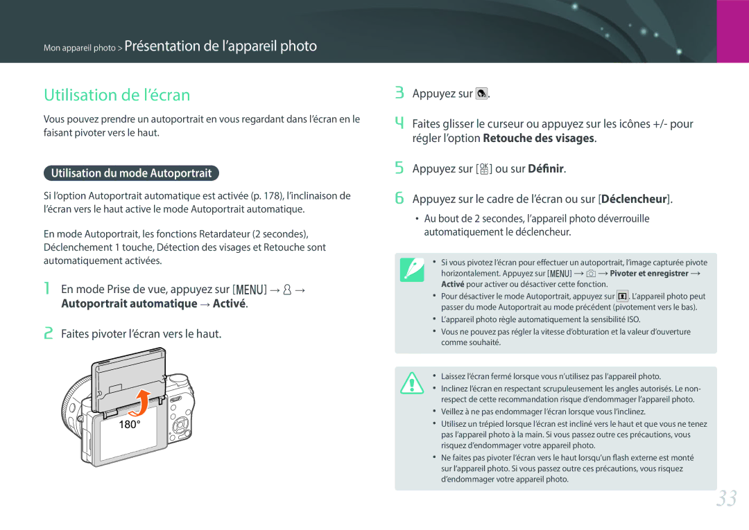 Samsung EV-NX500ZBMIFR, EV-NX500ZBMHFR manual Utilisation de l’écran, Utilisation du mode Autoportrait 