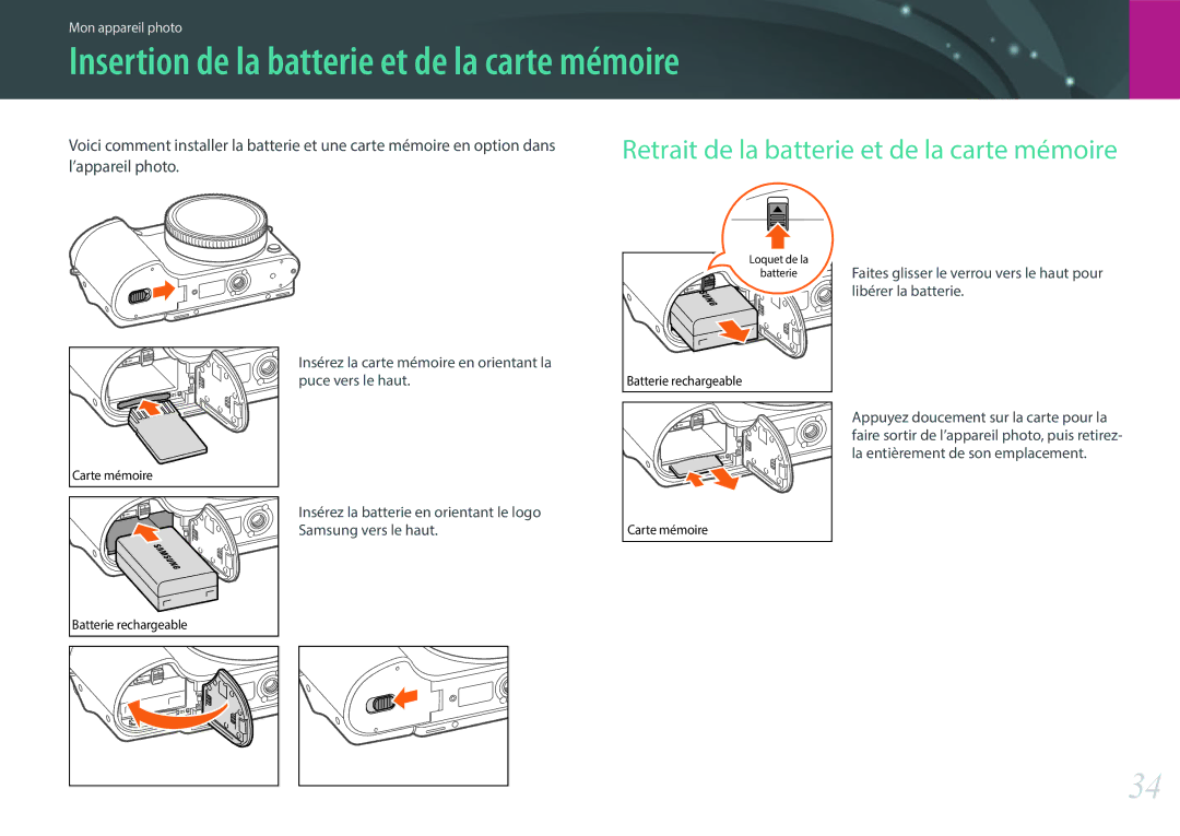 Samsung EV-NX500ZBMHFR Insertion de la batterie et de la carte mémoire, Retrait de la batterie et de la carte mémoire 