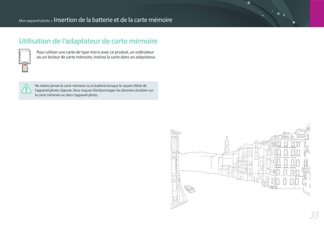 Samsung EV-NX500ZBMIFR, EV-NX500ZBMHFR manual Utilisation de l’adaptateur de carte mémoire 