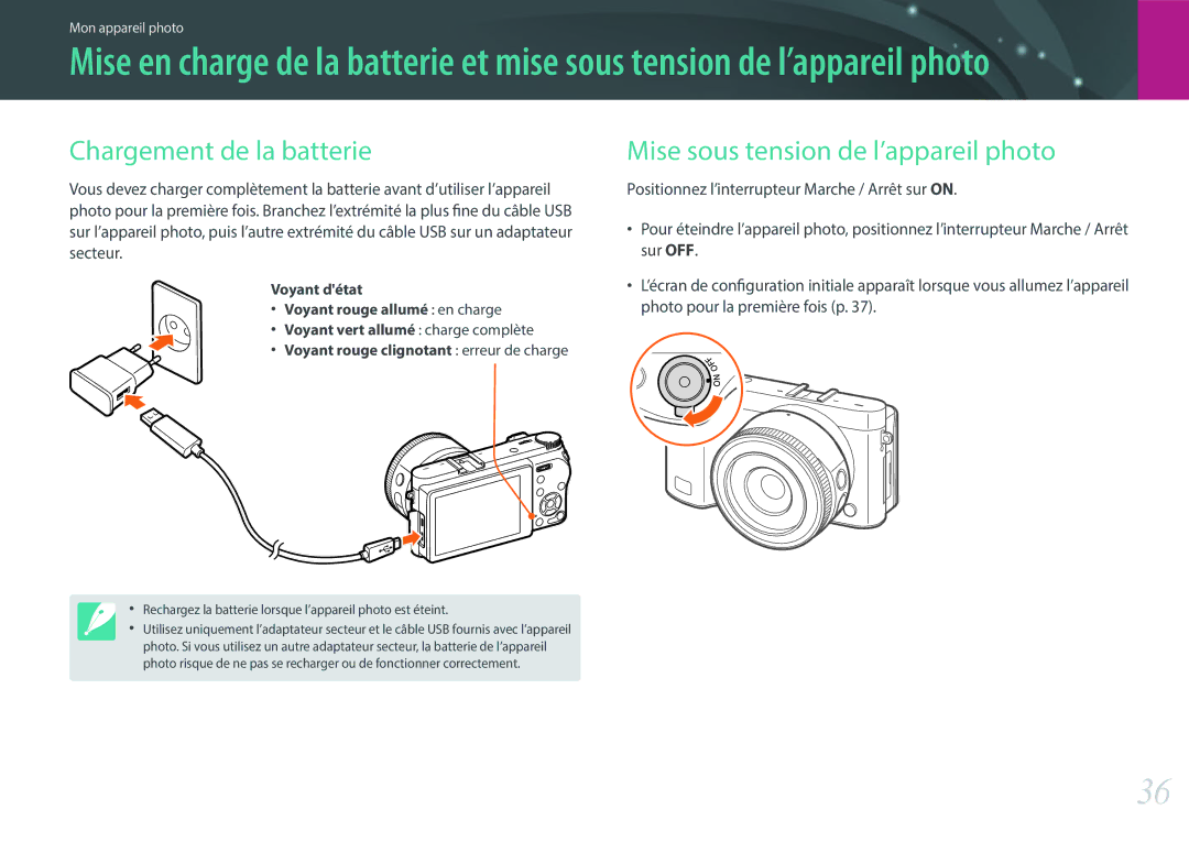 Samsung EV-NX500ZBMHFR, EV-NX500ZBMIFR manual Chargement de la batterie, Mise sous tension de l’appareil photo 