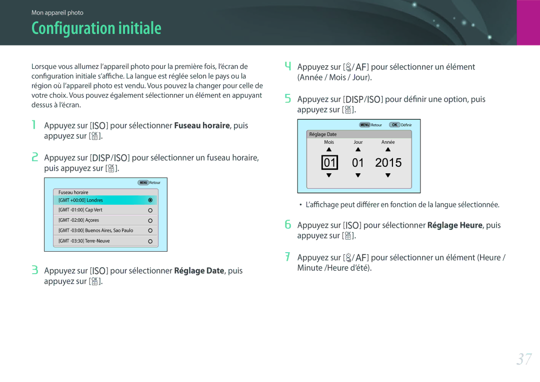 Samsung EV-NX500ZBMIFR, EV-NX500ZBMHFR manual Configuration initiale 