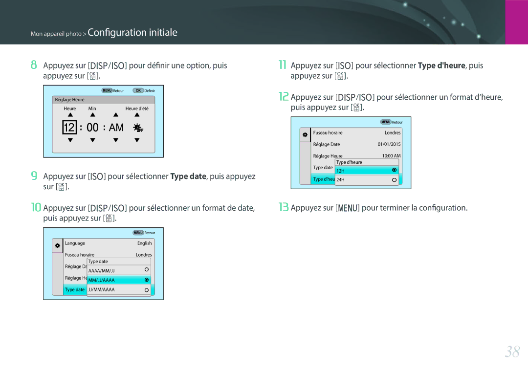 Samsung EV-NX500ZBMHFR manual Mon appareil photo Configuration initiale, Appuyez sur m pour terminer la configuration 