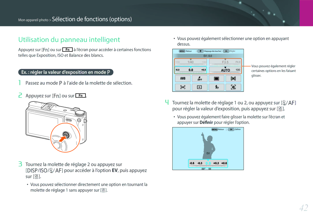 Samsung EV-NX500ZBMHFR, EV-NX500ZBMIFR Utilisation du panneau intelligent, Ex. régler la valeur d’exposition en mode P 