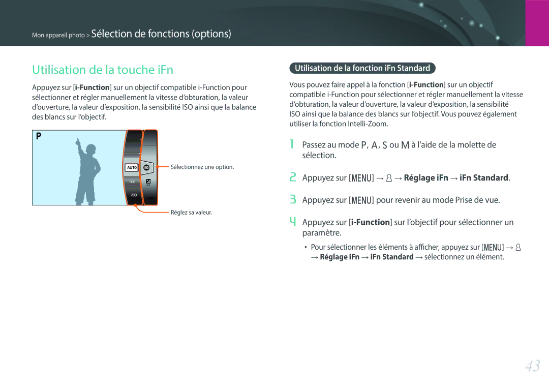 Samsung EV-NX500ZBMIFR, EV-NX500ZBMHFR manual Utilisation de la touche iFn, Utilisation de la fonction iFn Standard 