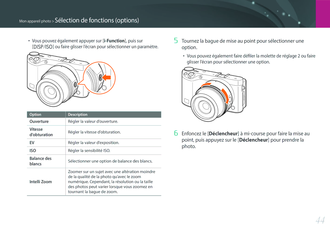 Samsung EV-NX500ZBMHFR, EV-NX500ZBMIFR manual Ouverture, Dobturation, Balance des, Blancs, Intelli Zoom 