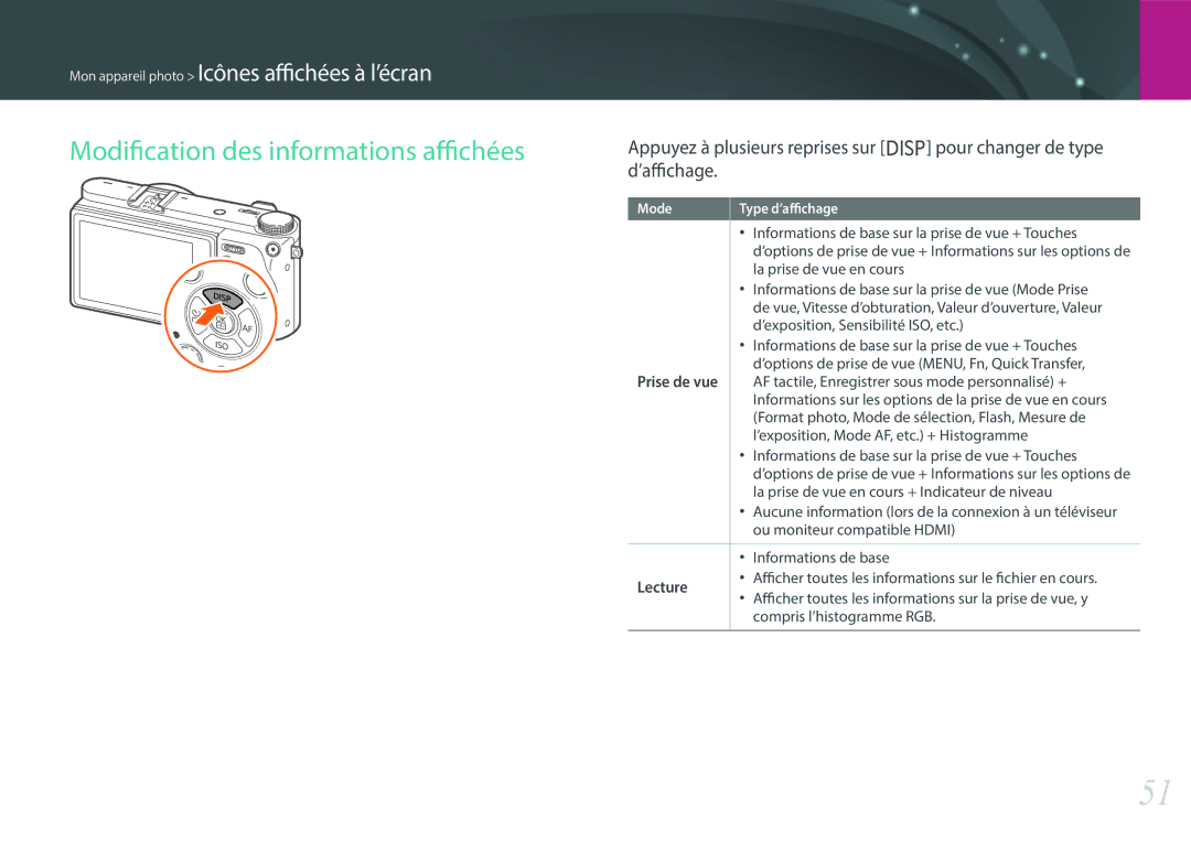 Samsung EV-NX500ZBMIFR, EV-NX500ZBMHFR manual Modification des informations affichées, Prise de vue, Lecture 