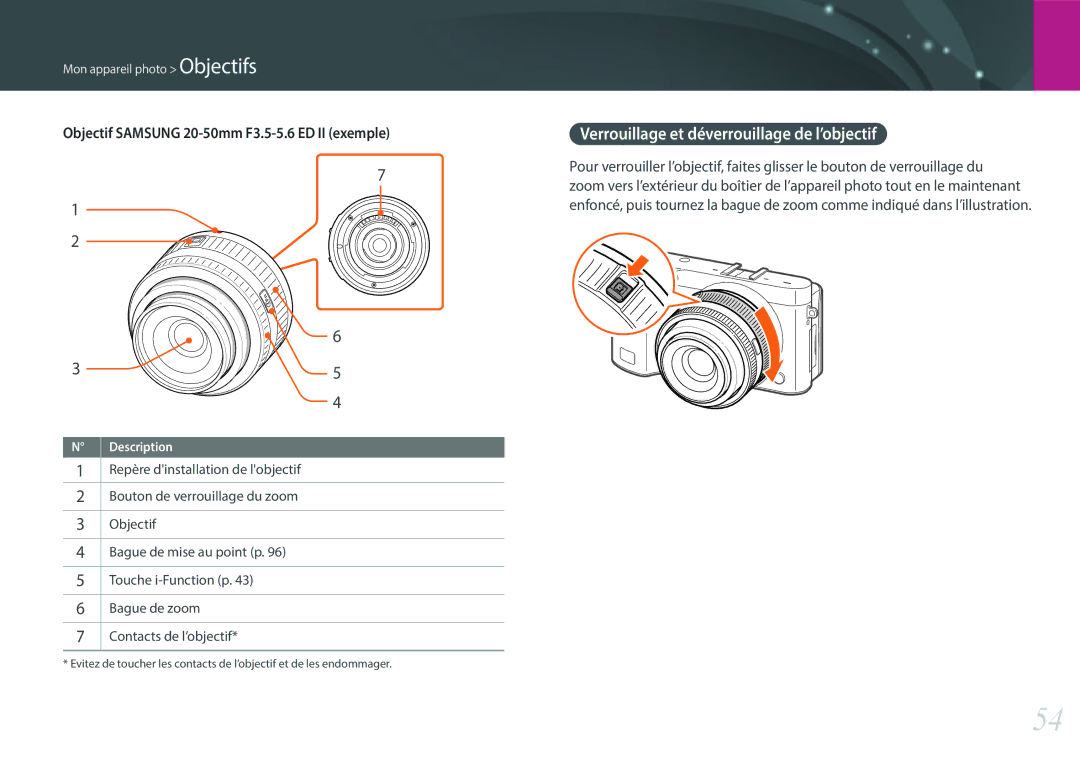 Samsung EV-NX500ZBMHFR manual Verrouillage et déverrouillage de l’objectif, Objectif Samsung 20-50mm F3.5-5.6 ED II exemple 