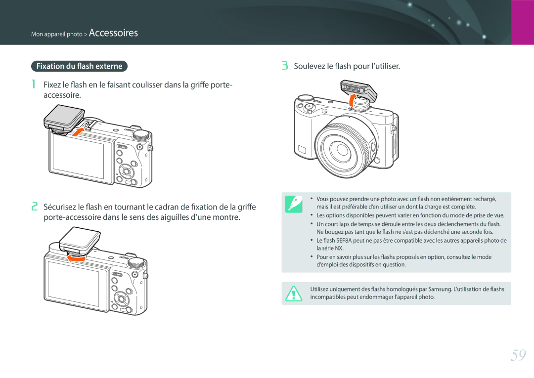 Samsung EV-NX500ZBMIFR, EV-NX500ZBMHFR manual Fixation du flash externe 