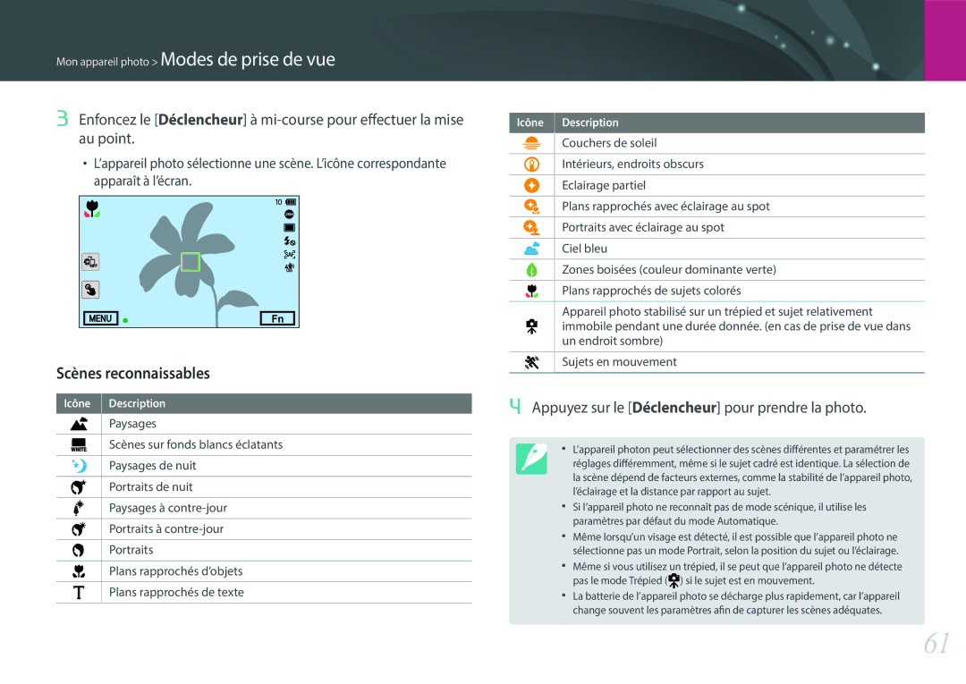 Samsung EV-NX500ZBMIFR, EV-NX500ZBMHFR manual Scènes reconnaissables, Appuyez sur le Déclencheur pour prendre la photo 